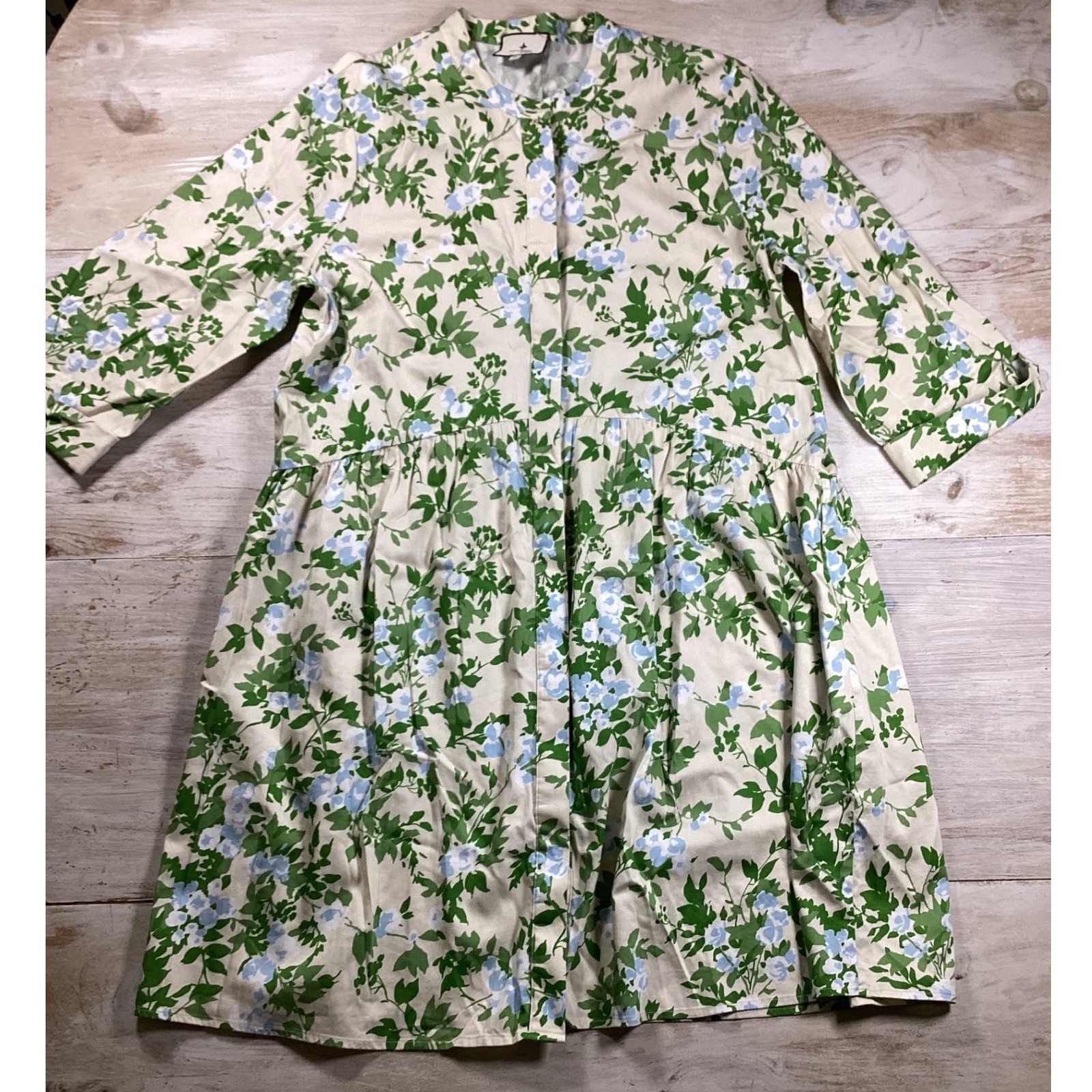 Tuckernuck Floral Drop Waist Shirt Dress Green Blue Cream Cotton Xl